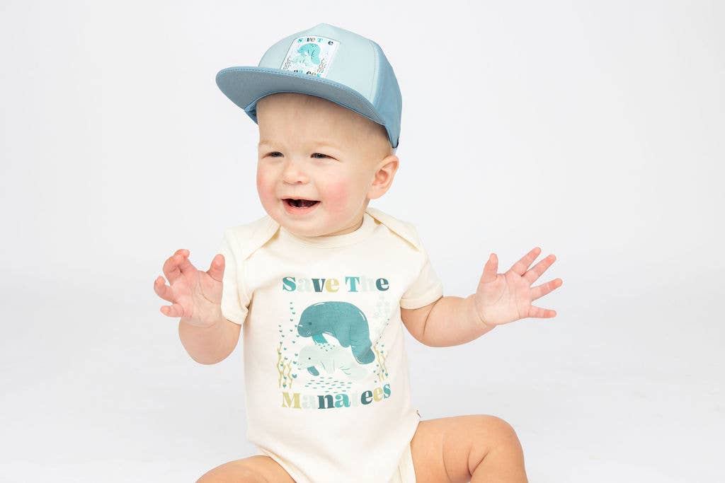 Blue Multi Save the Manatees Ocean Conservation Kids Snapback Hat for wholesale on Faire2