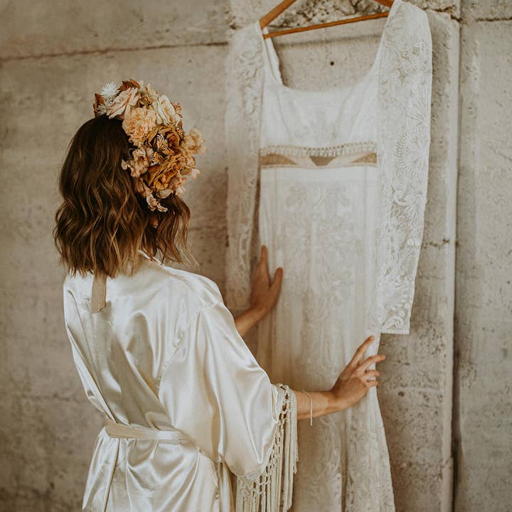 Bridal Ivory Off White Satin Fringe Robes Getting Ready and other Purchase Wholesale whitedresses. Free Returns & Net 60 Terms on Faire trending on Faire.