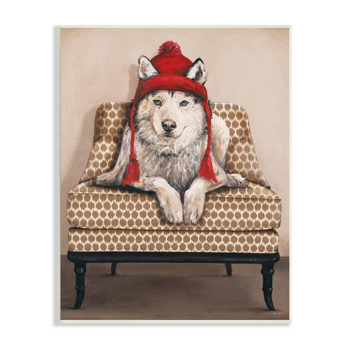 Stupell Industries – Engroshandel Vægplakat – Vinter Husky rød Pom Hat smarte stue stol Plaque kunst