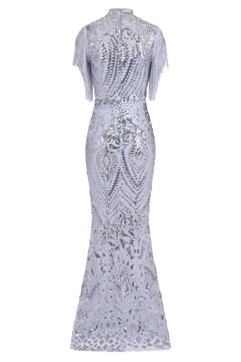 Nazz Collection Clothing Ltd - Wholesale Gown - Women's - Magic Vip Silver Luxe Tassel Fringe Sequin Embellished Illusion Maxi Dress4