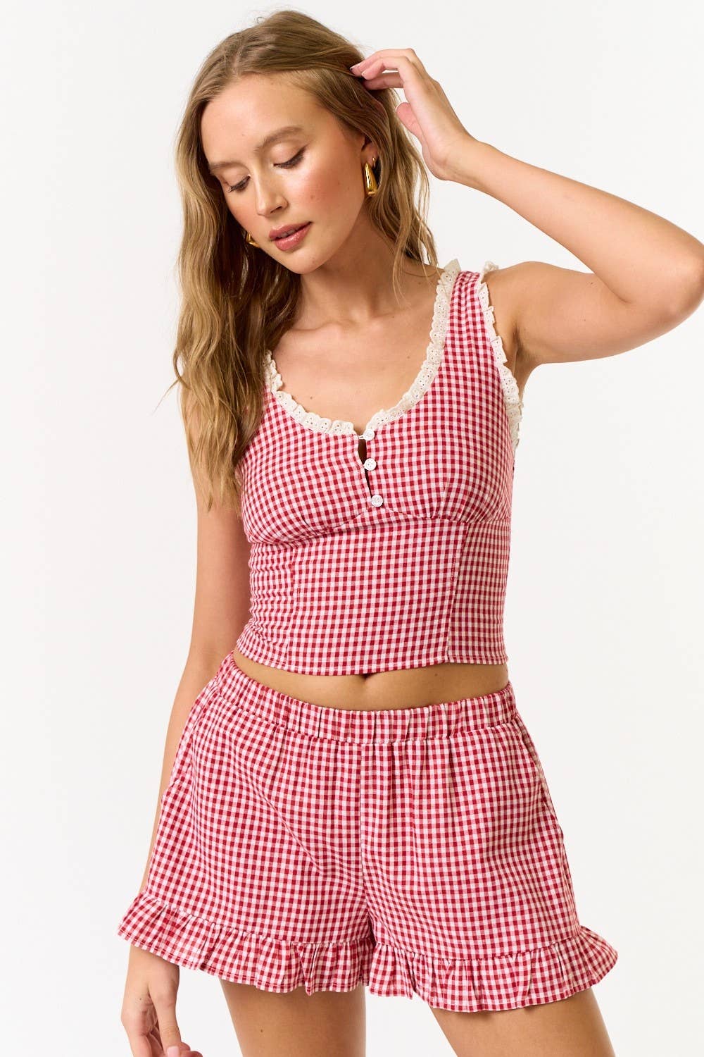Blue Blush - Wholesale Blouse - Women's - Gingham Lace Crop Top5
