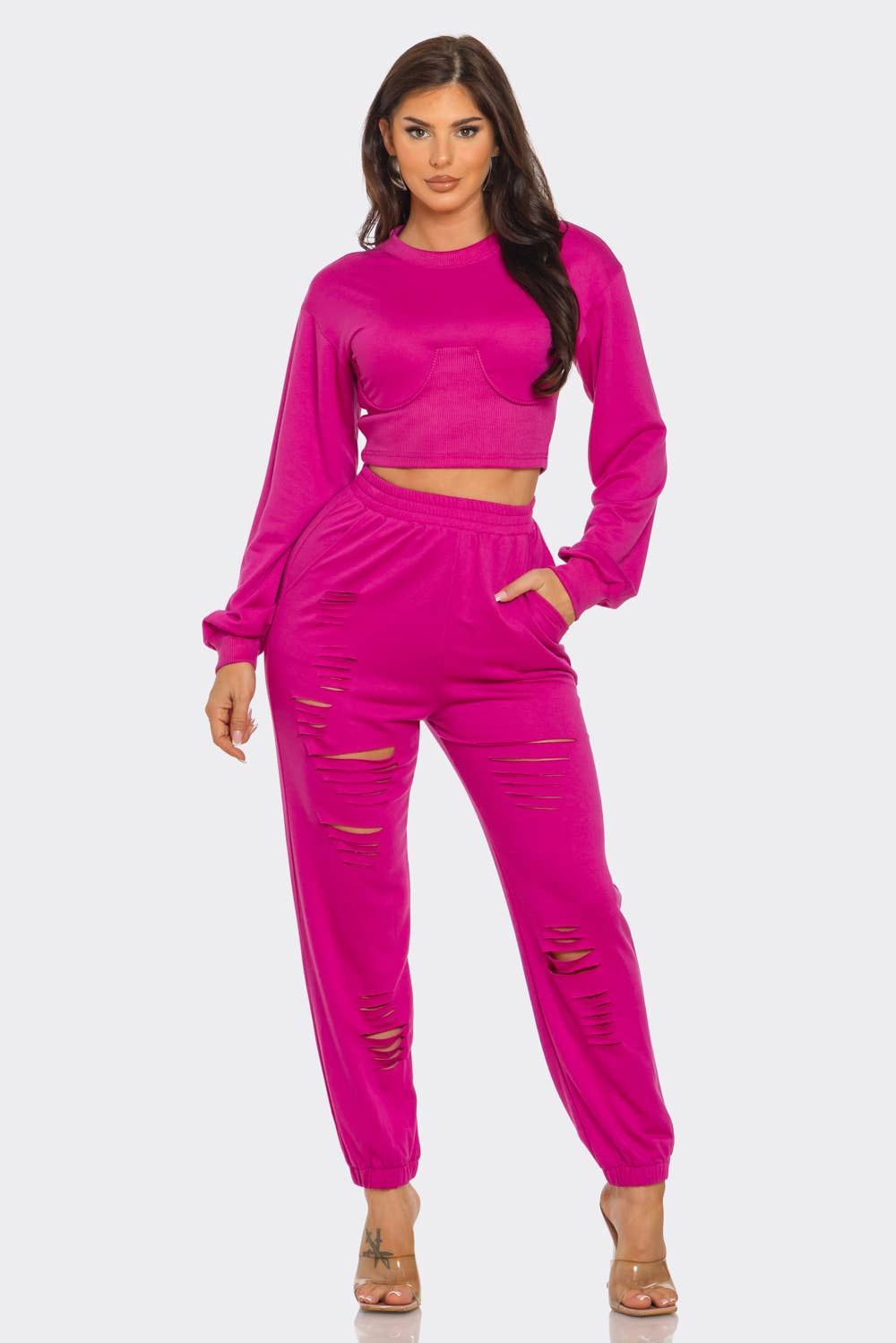 Julia by LoveJ - Wholesale Top & Pant Set (NOT Loungewear) - Women's - Round Neck Solid Top And Laser Cut Pants Set6