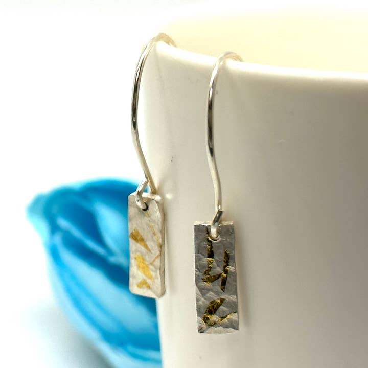 Gold and Silver Keum Boo Small Rectangle Drop Earrings for wholesale by Floweredsky Designs