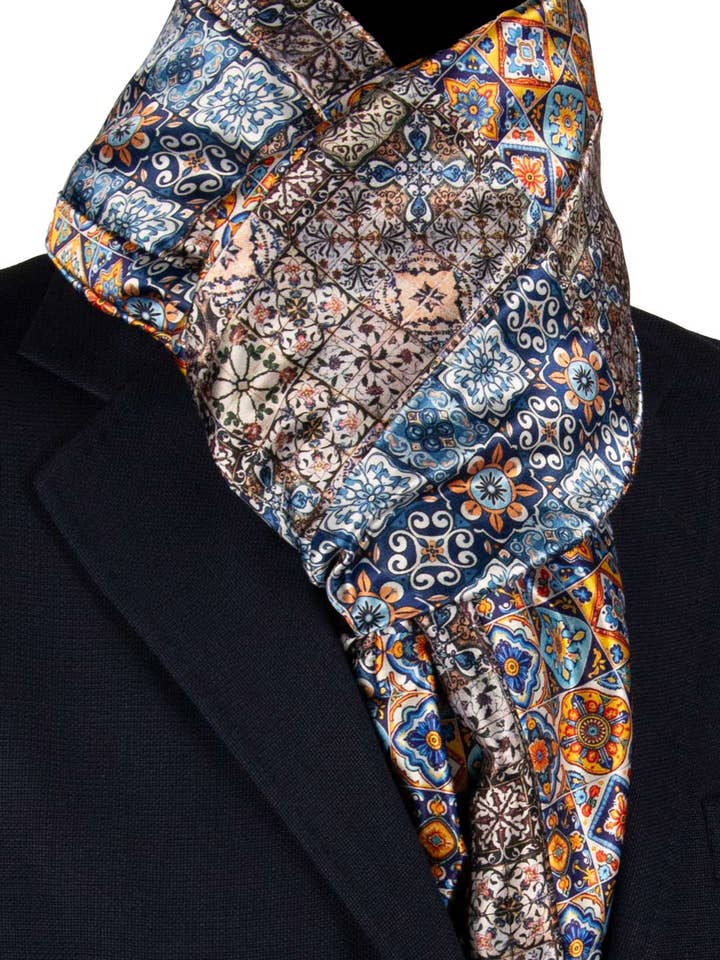 Vintage Sicilian Satin Silk Scarf Patchwork with Multicolor Majolica S723 for wholesale by Graffeo Cravatte