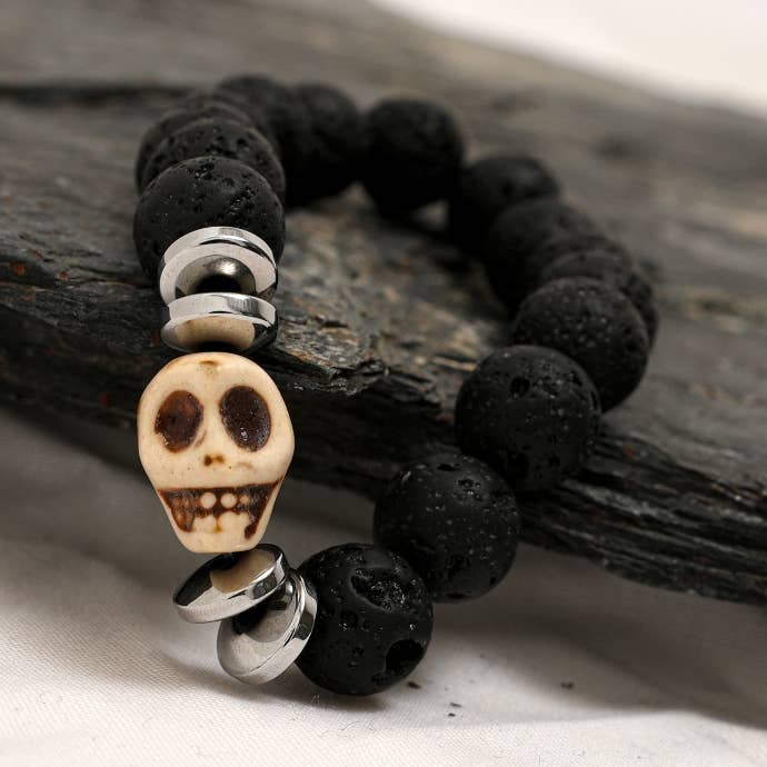 Skull Bracelet, Black Lava Stone Bracelet with Silver Spacer for wholesale by Hadi Craft