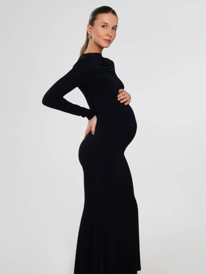 THE MAXI RUCHED DRESS / ONYX for wholesale by LO+JAYNE