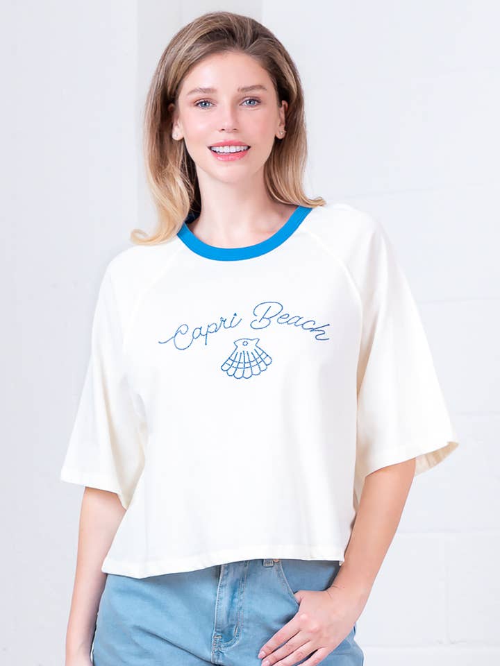 KOFFIEMELK HT28686T-KORTE RAGLANMOUW RONDE HALS SHELL-BORDUURTOP voor groothandel op Faire0