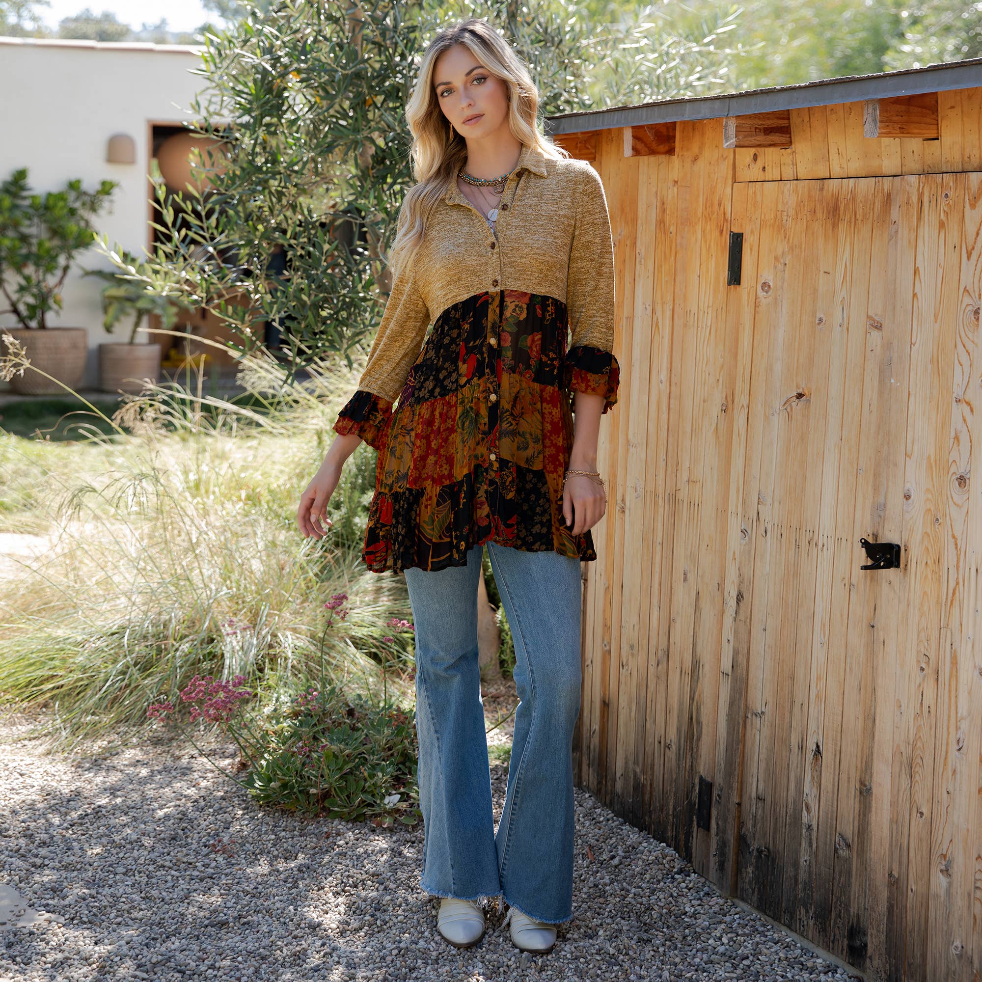 Young Threads - Wholesale Blouse - Women's - Western Denim Yoke Patchwork Tiered Tunic Top (New Color)52