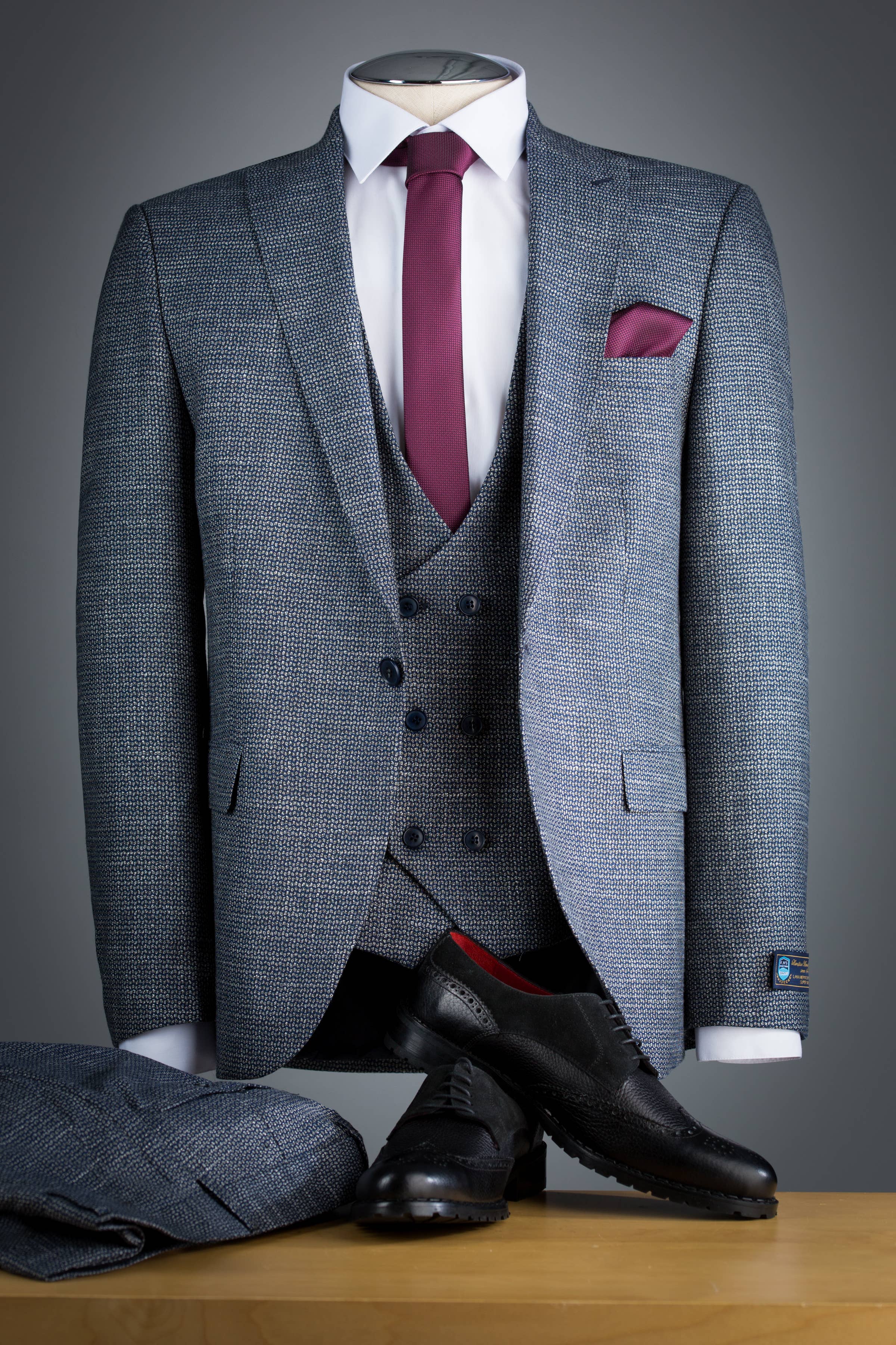 Keswa - Wholesale Suit Set - Men's - 3 PIECES SLIM FIT SUIT BLACK AND GREY PIED-DE-POULE OPTICAL