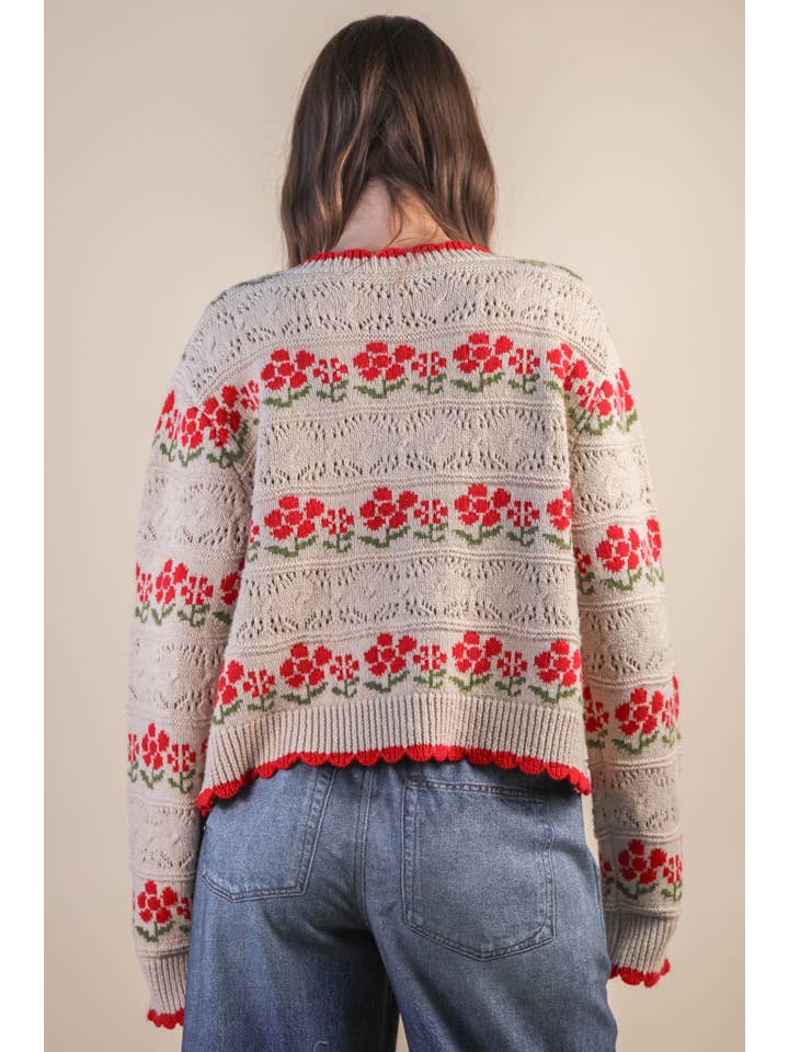 VERY J - Wholesale Cardigan - Women's - 12W3524N-Floral Graphic Detail Knit Sweater Cardigan15