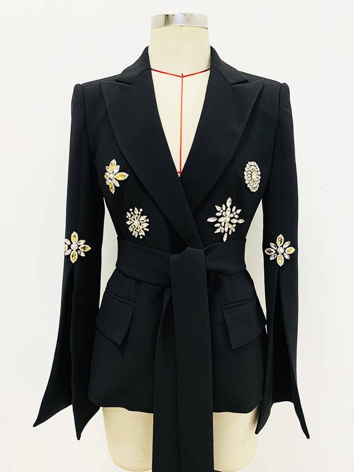 White BL077 Diamond Belted Blazer with Beaded Elegance for wholesale on Faire