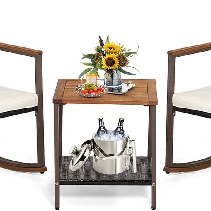 Three Piece Rocking Bistro Set With Cushions And Coffee Table For Outdoor Rattan Patio Off White for wholesale on Faire0