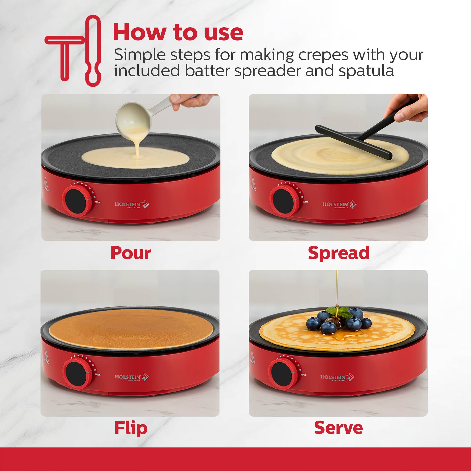 12 inch Red Griddle and Crepe Maker Kitchen Appliance  for wholesale on Faire7