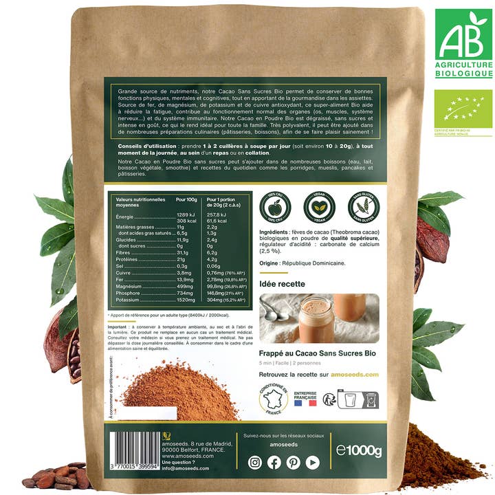 Amoseeds - Wholesale Protein/Superfood Powder - Organic Sugar Free Cocoa Powder 1KG
