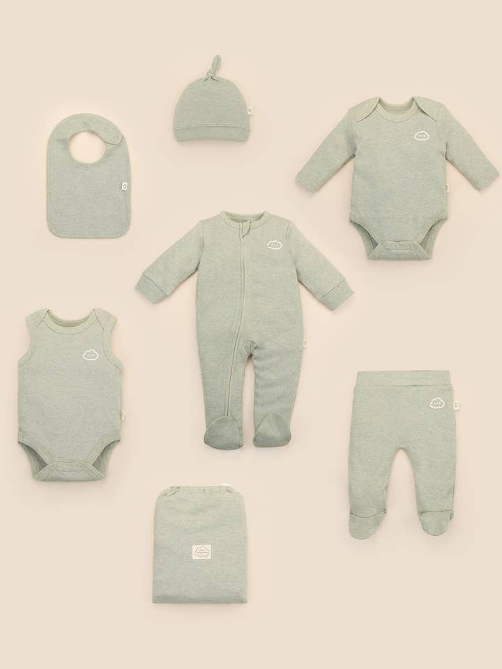 6PC Essentials Set - Heather Sage Green for wholesale by Lūmmi in Colour Babywear