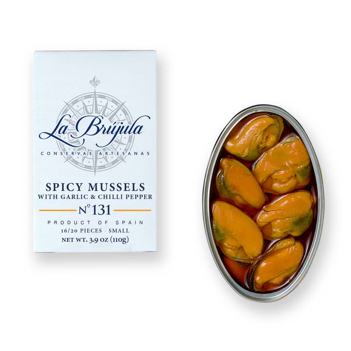 Conservas La Brújula – wholesale Konserverad fisk – Kryddiga musslor vitlök & chili 16/20 OL120. LB1310