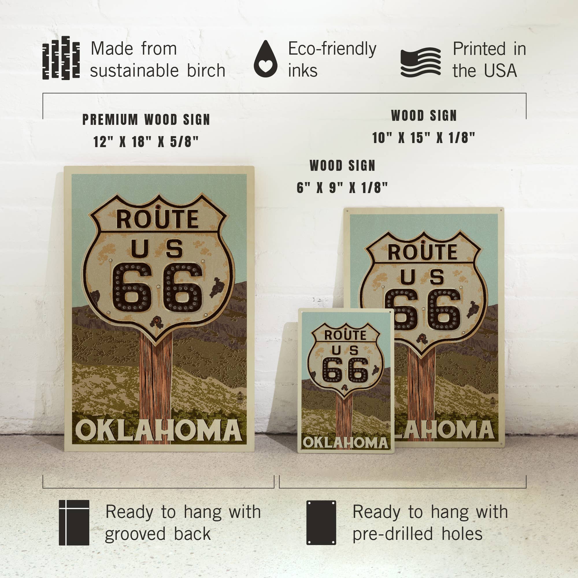 Lantern Press - Wholesale Wood Wall Art - PREMIUM WOOD SIGN Oklahoma, Route 66, Letterpress5