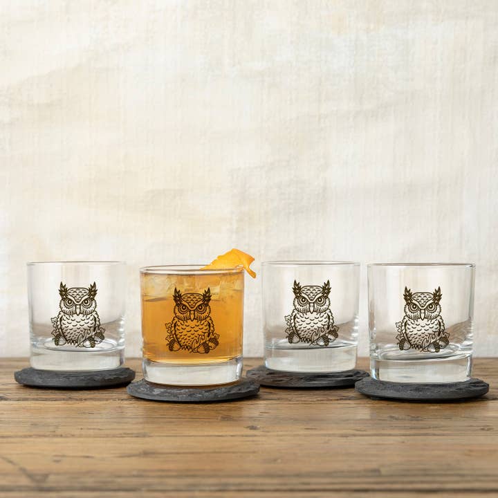 Two Little Fruits - Wholesale Cocktail/Liquor Glass - Owl Whiskey Glass – Hand-Printed Rocks Glass3