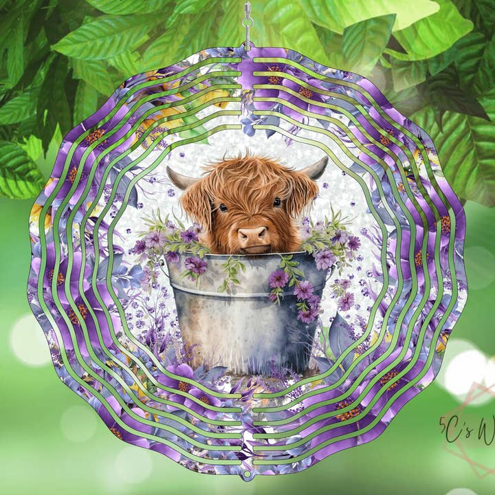 Purple Floral Highland Cow Wind Spinner for wholesale by 5C's Wholesale