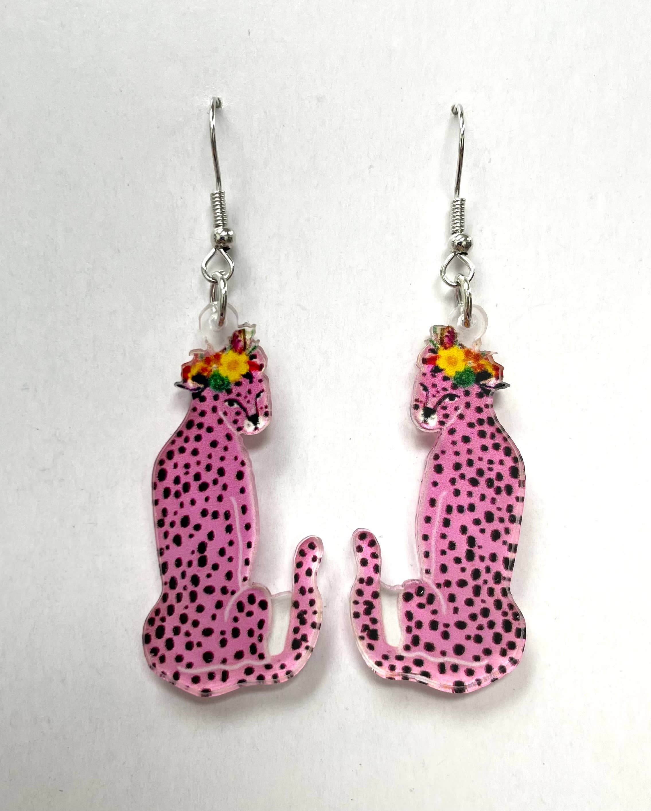 SimpleNGreat - Wholesale Dangle Earrings - Acrylic Pink Leopard Earrings, Panther Earrings