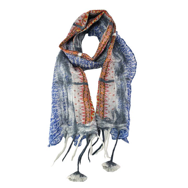 Grey Felt and Saree Vintage Scarves with Flower Hanging for wholesale by BNB Crafts Inc.