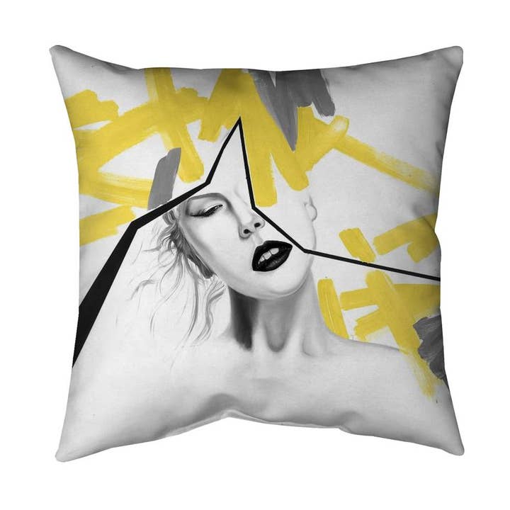 Figurative graues modernes Kissen - Frau mit gelber Linienverzierung für den Großhandel von BEGIN HOME DECOR