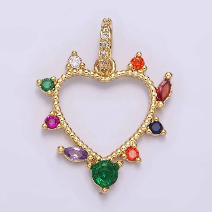 Pendentif en forme de cœur ouvert en or rempli 14K avec outline pointillé de marquises CZ multicolores et bélière micro pavée CZ | AA610 pour la vente par Aim Eternal