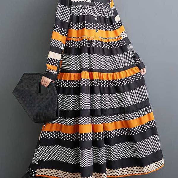 Knappiga polka-dot split-joint A-line långa ärmar Rundhalsringade midiklänningar för wholesale av UZ Wholesale Store