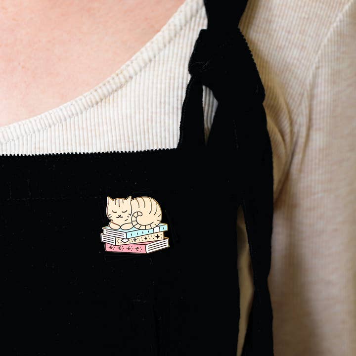 Emmeline Illustration - Wholesale Lapel Pin/Button - Book Kitty Enamel Pin