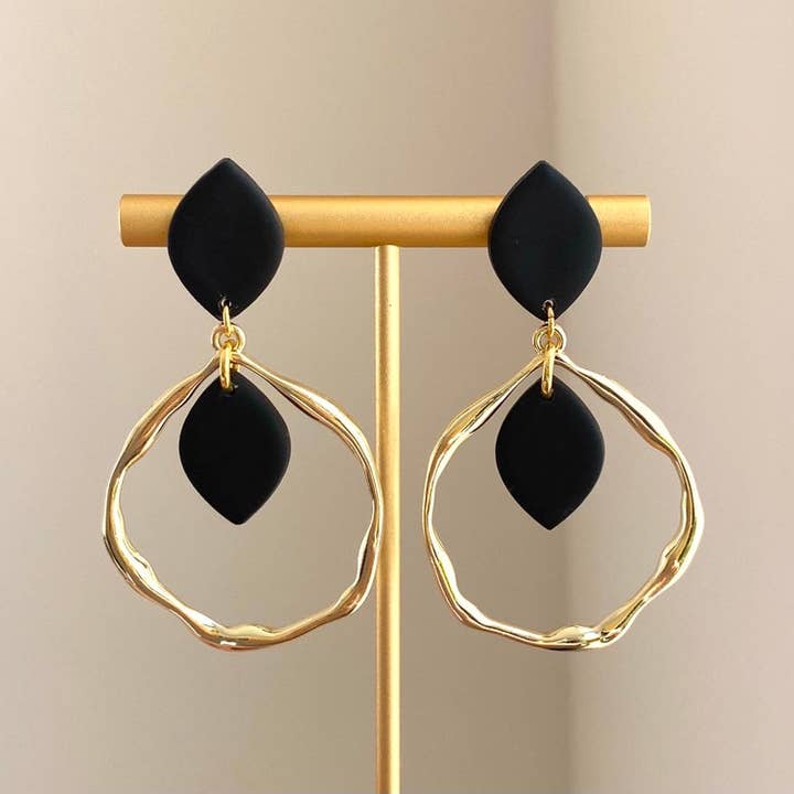 The Chantel | Black Clay and Gold Hoop Dangle Earrings for wholesale by Clay Jewels by Jules