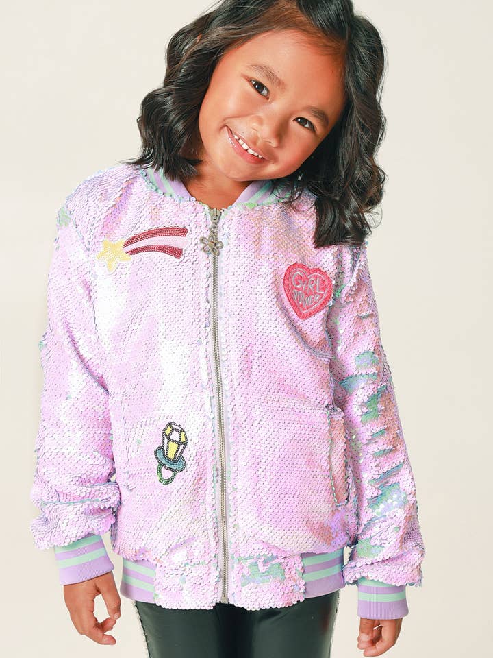 Three Wildflower Designs - Wholesale Bomber Jacket - Kids - Purple Sequins Patched Bomber Jacket