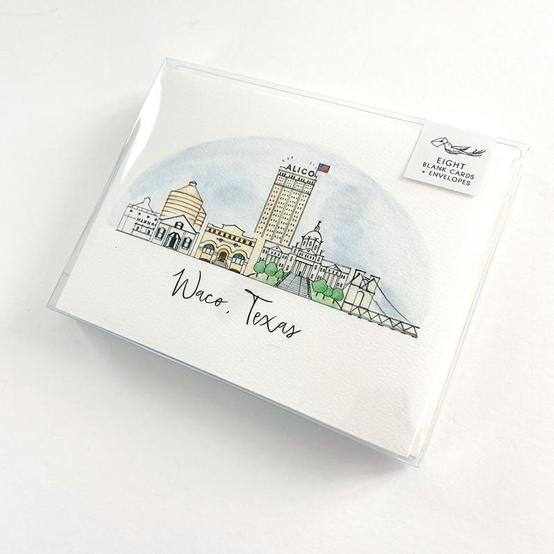 Aquarelle Ensemble de cartes de vœux ou de cartes de notes Waco, Texas Skyline en vente sur Faire2
