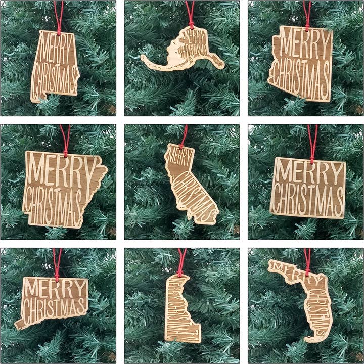 Merry Christmas USA Wood Christmas Ornament | 50 States for wholesale by Giftable Memories