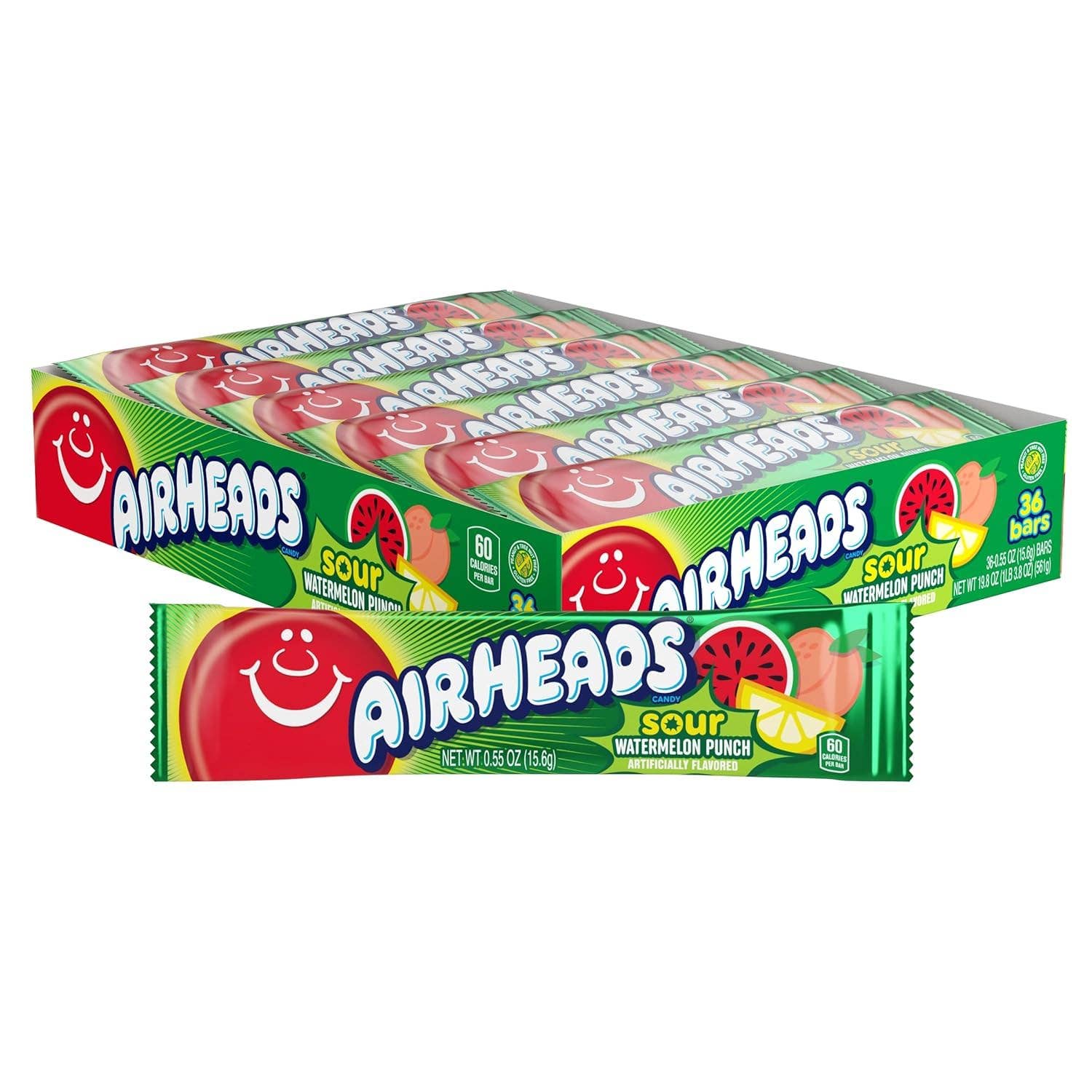Snacky Candy - Wholesale Taffy - Airheads Single Sour Watermelon 0.55 oz 36 count0