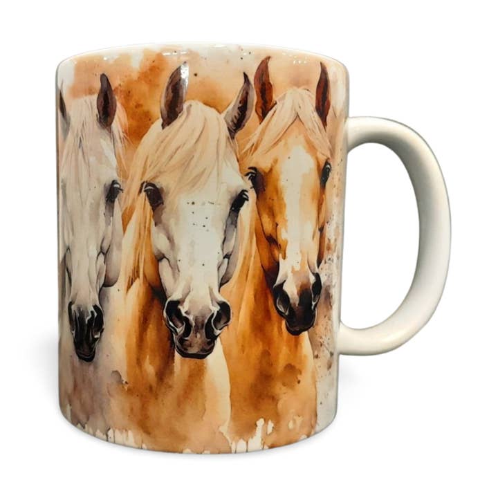 3 Palomino and Grey Horses Coffee Mug, Water Colour Style for wholesale by Rockways Designs
