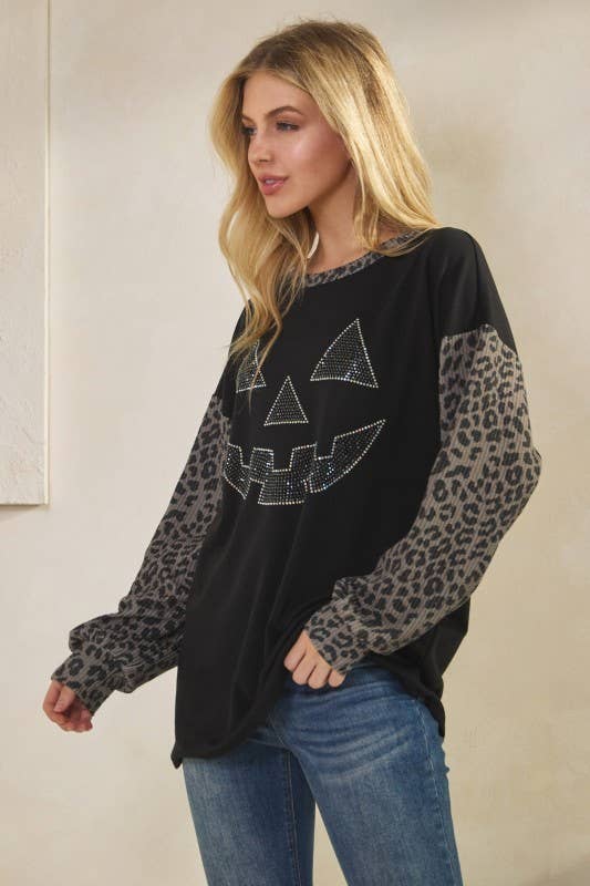 Sunday Morning - Wholesale Tunic - Women's - T0677HE12-Rhinestone Pumpkin Animal Contrast Top10
