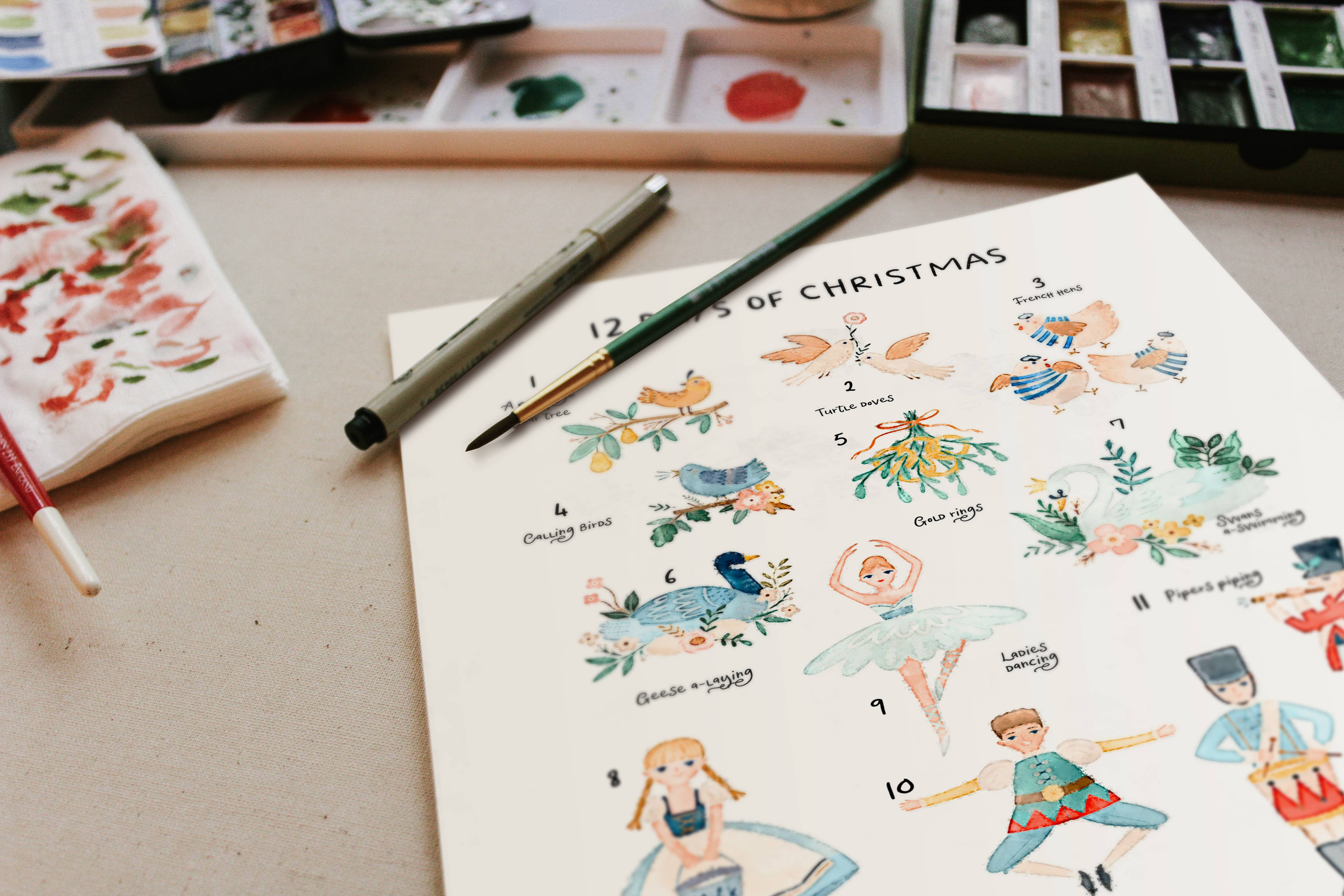 Cate Paper Co. – Kit de artesanato DIY por atacado – Kit de pintura em aguarela "12 Dias de Natal"4