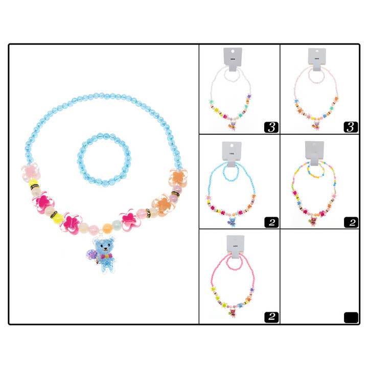 Sensibling Corp. - Wholesale Jewelry Set - 12 SET OF 2 - Kids Teddy Bear Pendant Flower Beaded Jewelry Set1