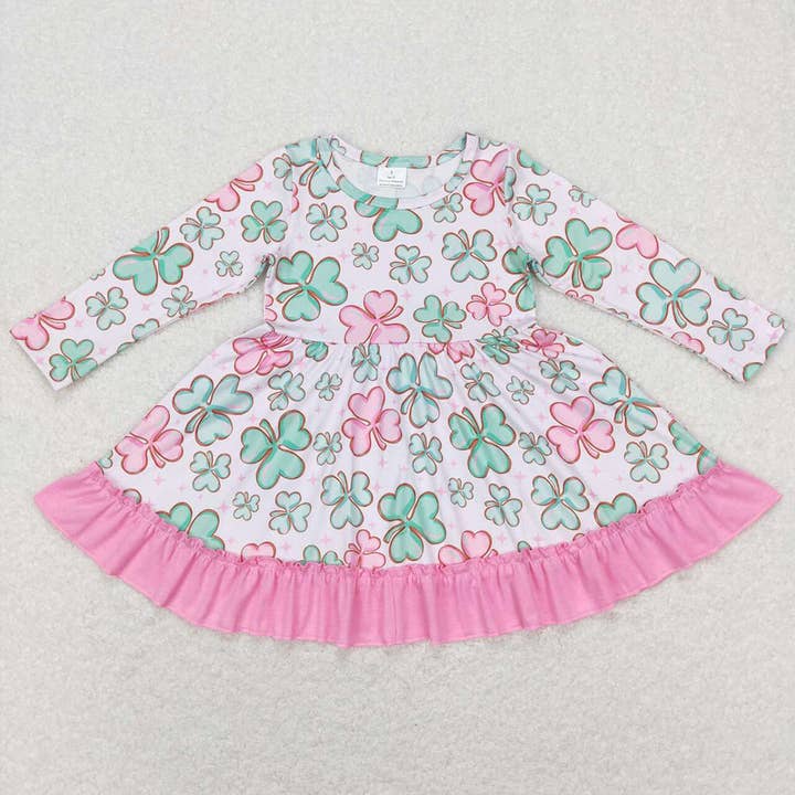 Baby Girls Pink Ruffle St Patrick Day Quatrefoil Twirl Dress for wholesale by Aier Wholesale