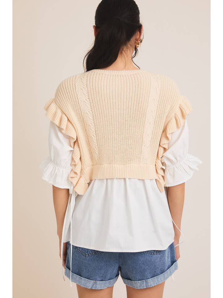 WHITE BUTTER ROUND NECK PUFF HALF SLEEVE KNIT+ WOVEN MIX TOP for wholesale on Faire