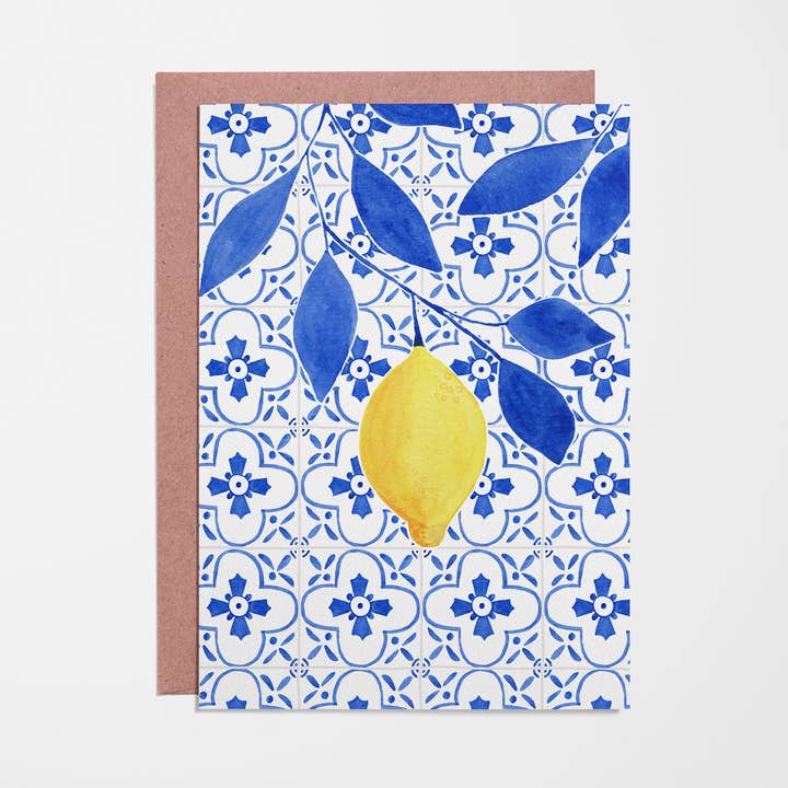 Amalfi Lemon & Blue Tile - Blank Greeting Card for wholesale by Calex Studio
