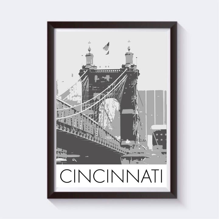 Impresión de arte de viaje en escala de grises de Cincinnati, Ohio, 6 tamaños para venta al por mayor de 2 Sisters