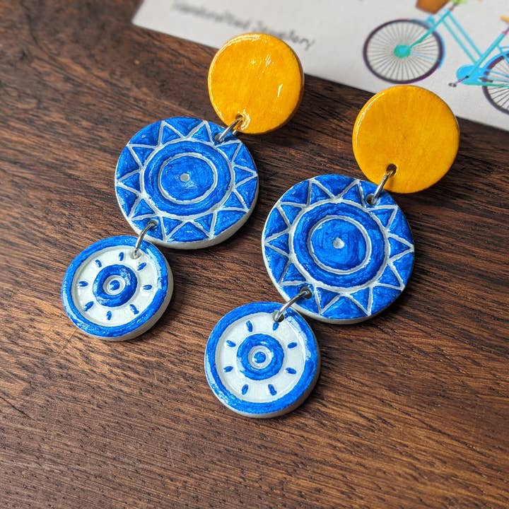 Greek earrings, Blue and white geometric earrings for wholesale by With Clay & Paint