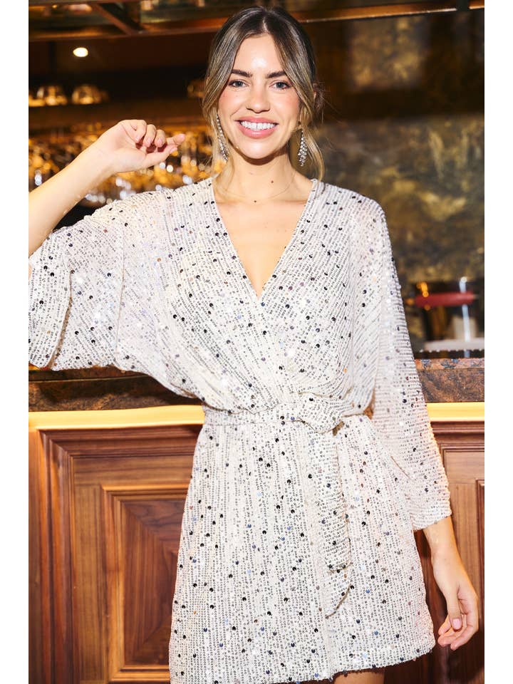 Urban Touch - Wholesale Dress - Women's - Wrap Body Long Sleeve Sequin Dress with Belt_Cream