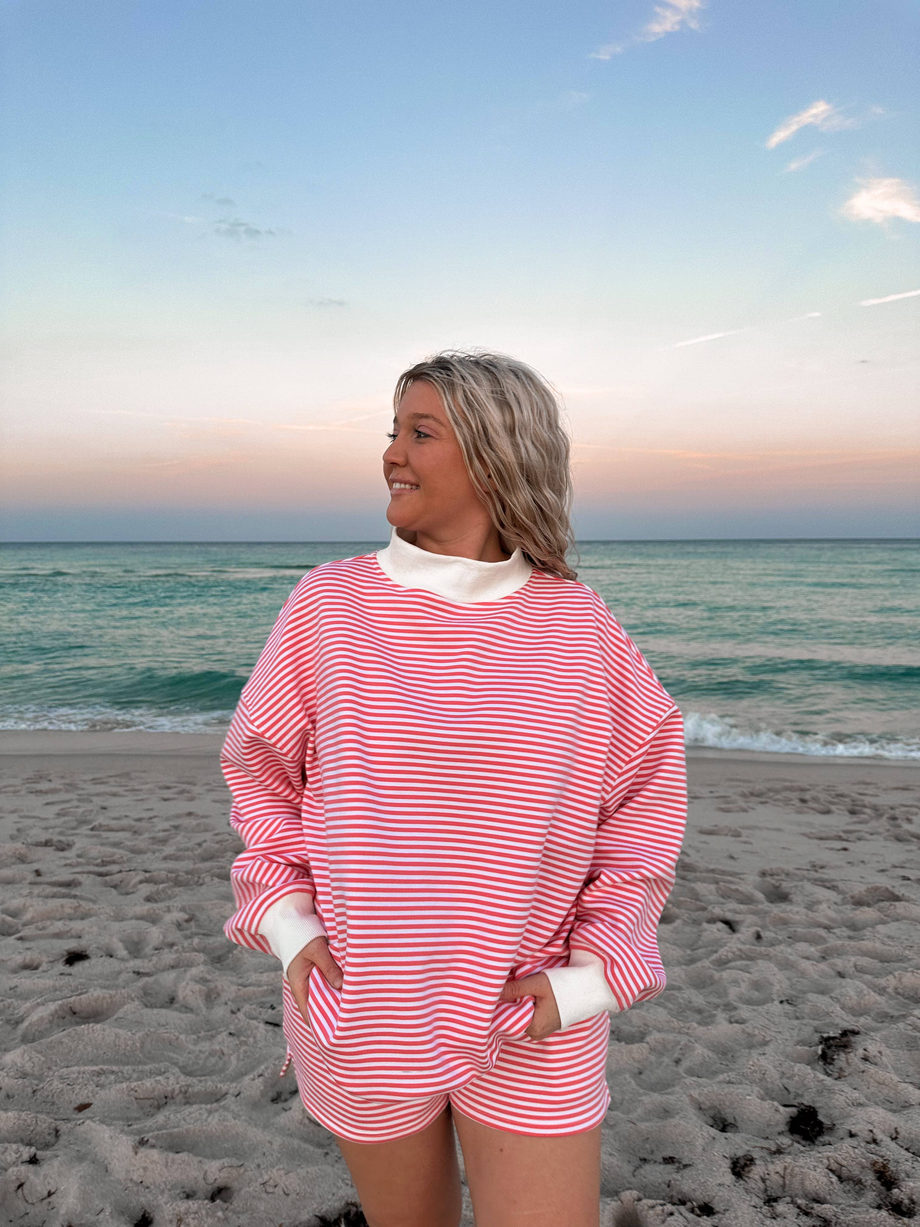 Dark Pink and White Big Striped Mockneck Sweatshirt for wholesale on Faire3