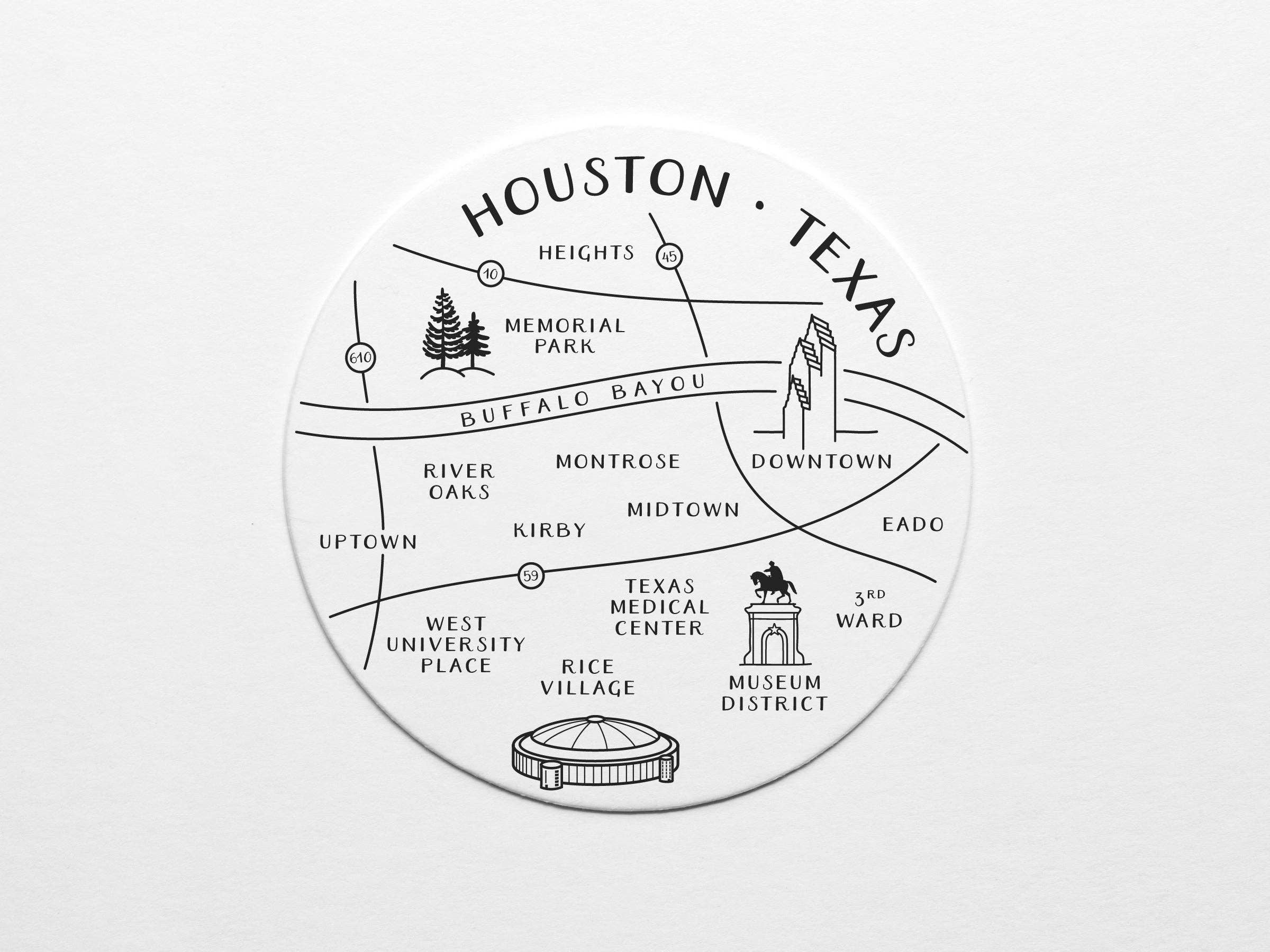 Easyhand Goods – formerly Onderkast – wholesale Coasters – Houston Neighborhoods Map Coaster Set1