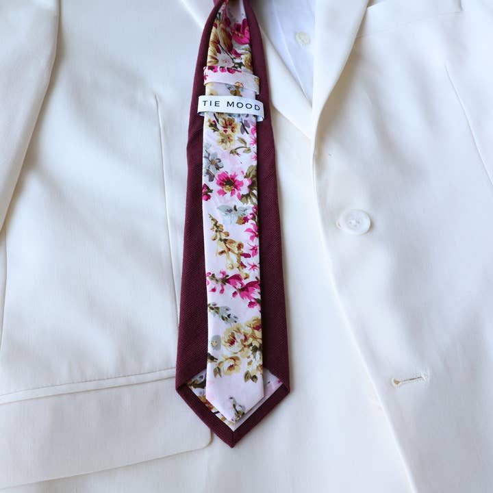 Tie Mood - Venta al por mayor Corbata - Hombre - Corbata trasera Kennedy bicolor borgoña, lisa y floral4