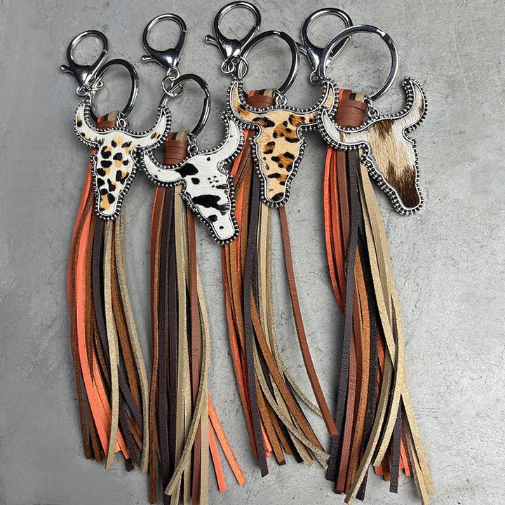 Western Tassel Animal Print Bull Head Keychain for wholesale by MKS America