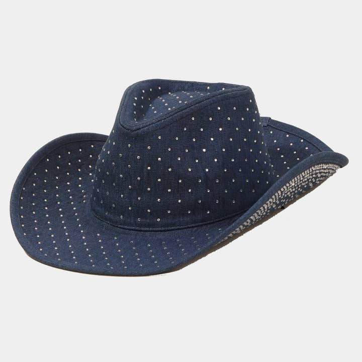 Collections by Fame Accessories - Wholesale Cowboy Hat - Women's - Rhinestone Studded Denim Cowboy Hat