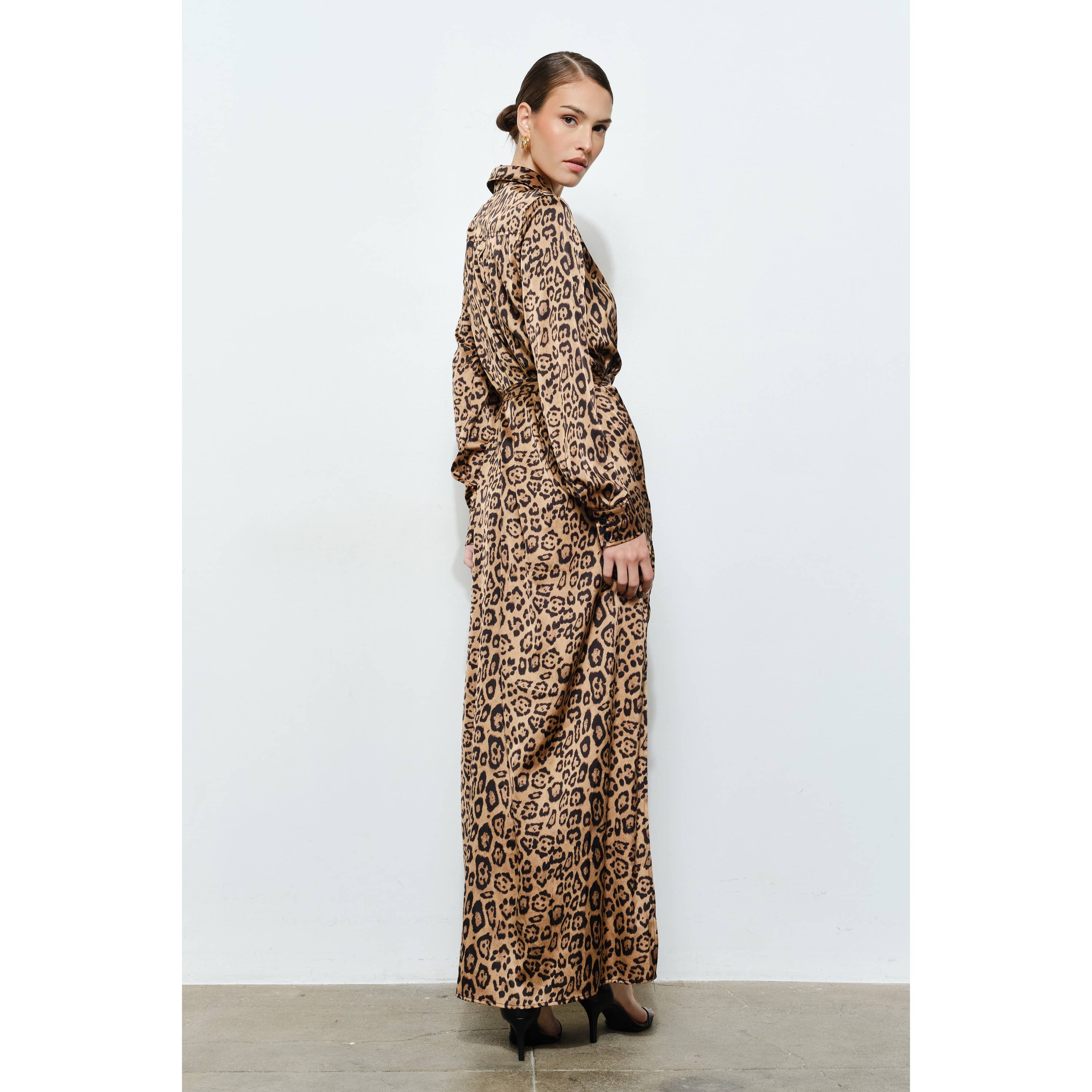 Chic Leopard Print Satin Waist Tie Slit Maxi Dress for wholesale on Faire6